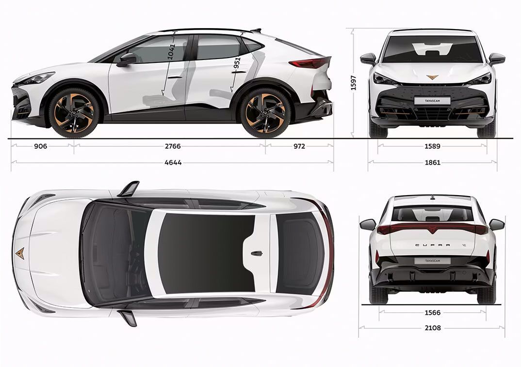 Verschiedene Ansichten mit Abmessungen des CUPRA Tavascan.